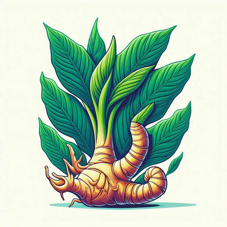 Ginger root with green leaves. Vector illustration for your design.のイラスト素材