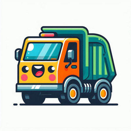 Cute cartoon yellow garbage truck isolated on white background. Vector illustration.のイラスト素材