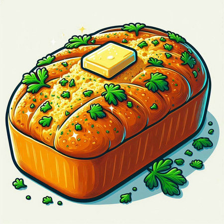 Baked bread with butter and parsley on a white background.のイラスト素材