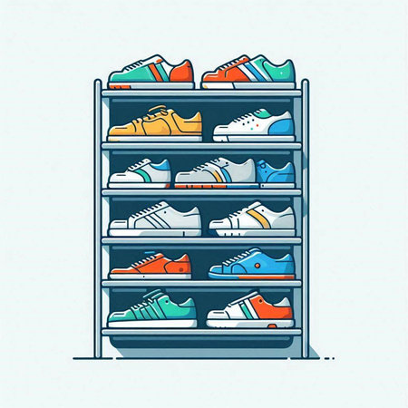 Shelves with sneakers. Vector illustration in flat design style.のイラスト素材
