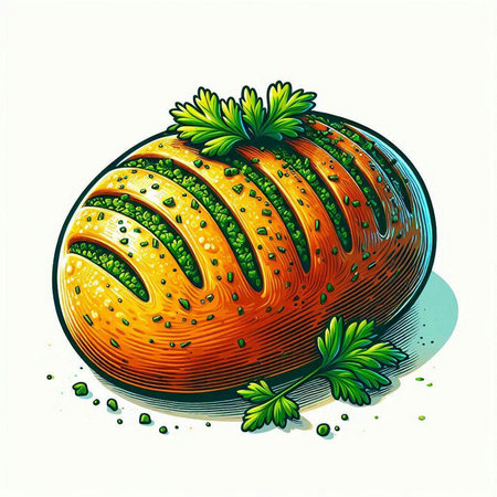 Illustration of a freshly baked loaf of bread with green parsleyのイラスト素材
