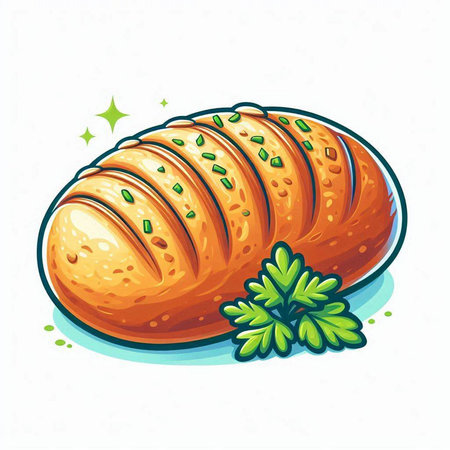Illustration of a loaf of bread with parsley on a white backgroundのイラスト素材