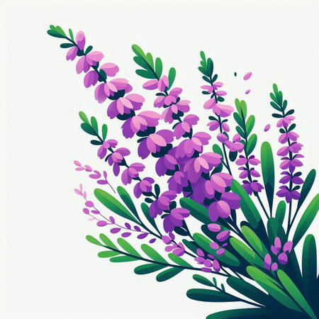 Lavender flowers and green leaves on white background. Vector illustration.のイラスト素材