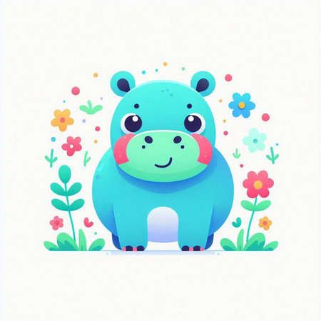 Cute cartoon hippopotamus character with flowers. Vector illustration.のイラスト素材