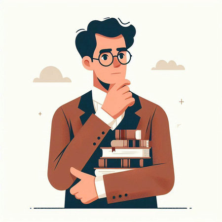 Young man with books in hand. Vector illustration in flat style.のイラスト素材