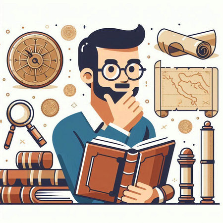 Vector illustration of a man reading a book and looking at the mapのイラスト素材