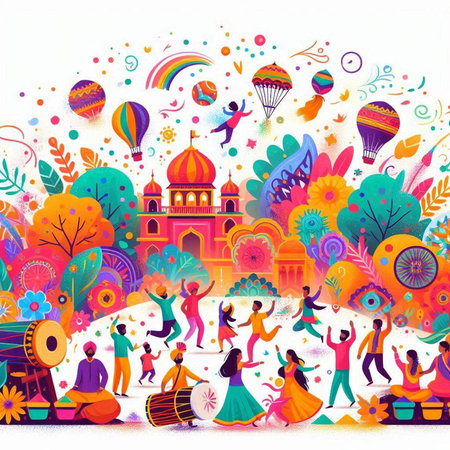 Vector illustration of Indian festival Holi background with people and colorful elementsのイラスト素材