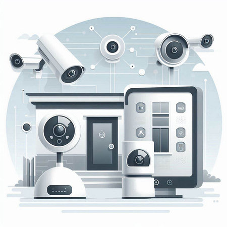 Security camera, surveillance system and digital devices on white background. Vector illustration.のイラスト素材