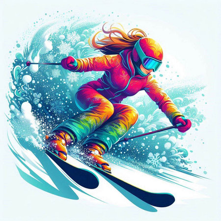 illustration of a skier in action with snowflakes backgroundのイラスト素材
