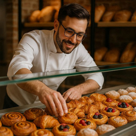 smiling man in eyeglasses taking buns from shelf in bakeryの写真素材