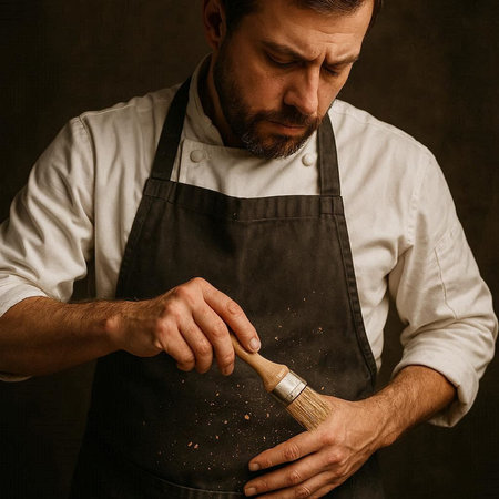 Portrait of a bearded man in a white shirt and a black apron with a brush.
