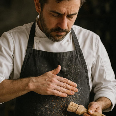 Close up portrait of a mature male chef in apron sprinkling spices with a wooden spatula.