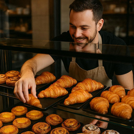 smiling young man in apron taking fresh croissants from shelf in bakeryの写真素材