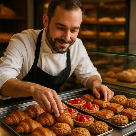 Cheerful male pastry chef in apron working in bakery shopの写真素材