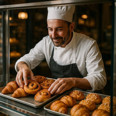 Portrait of a smiling male baker holding a tray of freshly baked buns in his bakery