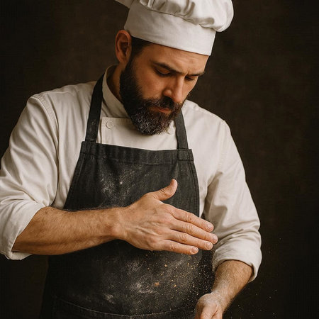 Portrait of a bearded man chef in a black apron and a white hat kneads flour on a dark background