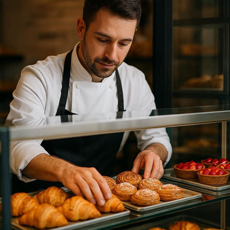 Handsome male pastry chef working in a bakery. Croissants and pastries.の写真素材