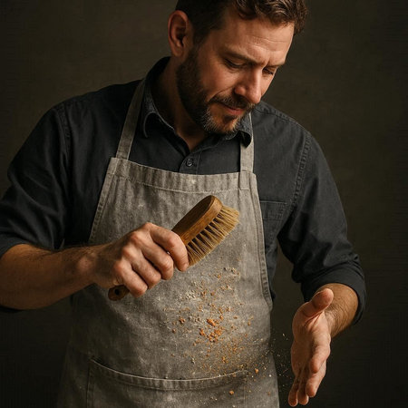 Handsome bearded man in apron holding wooden hairbrush.