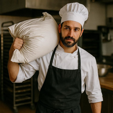 Portrait of a bearded male chef with a pillow in his hand.