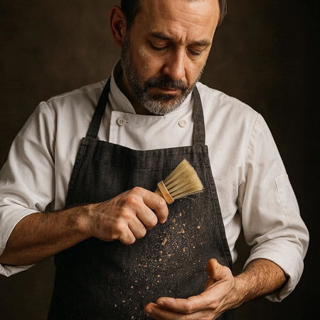Portrait of a mature man in apron with a brush.