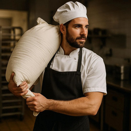 Portrait of a bearded male chef holding a big pillow in the kitchenの写真素材