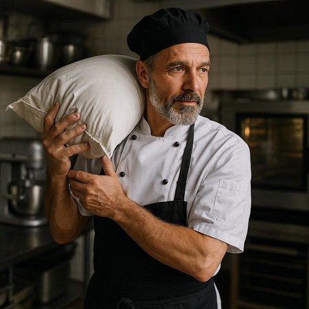 Portrait of a bearded male chef holding a pillow in his hand.の写真素材