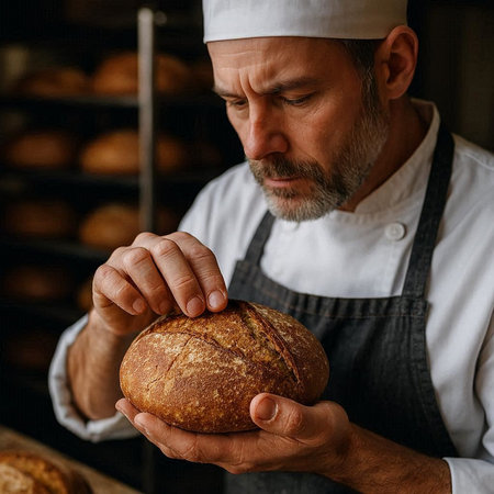 Baker holding a loaf of bread in his hands in the bakery