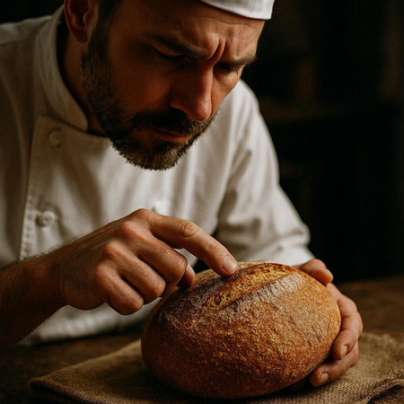 Man in a white T-shirt and chef's hat holding a loaf of breadの写真素材