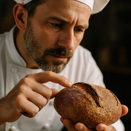 Closeup portrait of a mature male chef holding a loaf of bread
