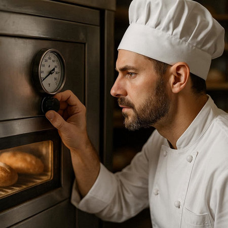 Male chef in uniform and hat is standing in the oven and checking the temperature.の写真素材