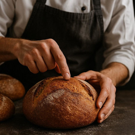 Close-up of a man's hands cutting a loaf of bread.