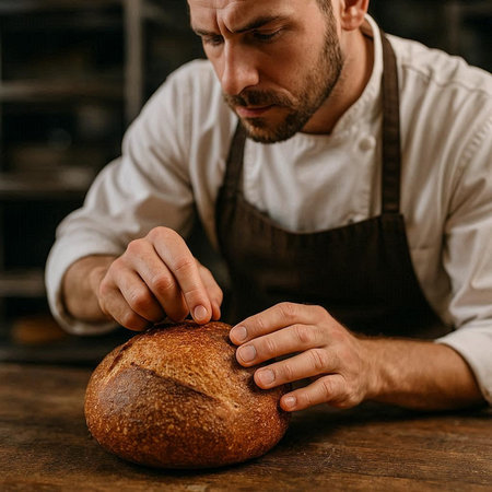 Cropped image of male baker in apron cutting fresh bread.