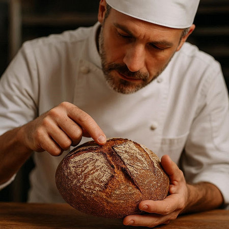 Baker in a white uniform holding a freshly baked loaf of bread