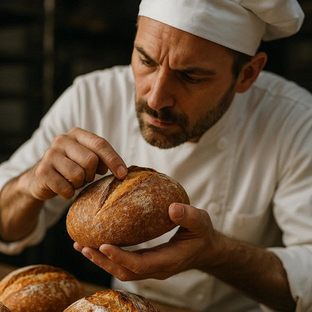 Close-up portrait of a male baker in a white uniform holding a fresh loaf of bread.の写真素材