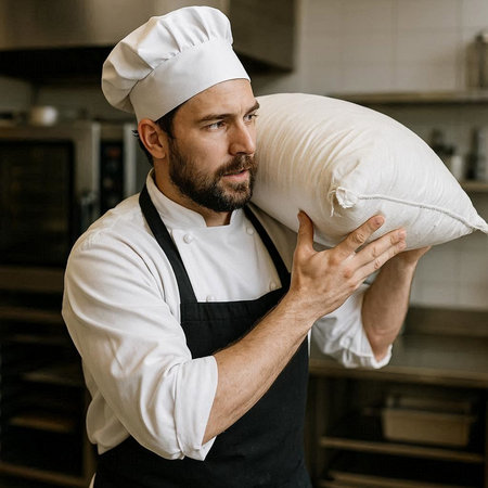 Portrait of a bearded male chef holding a pillow in the kitchenの写真素材