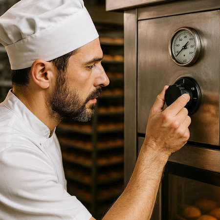 Portrait of a male baker in the kitchen of the bakery.