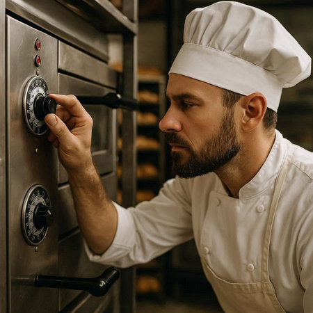 Portrait of a bearded male chef in a white uniform in the kitchen