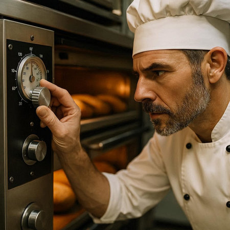 Portrait of mature male chef in uniform working in oven at restaurant kitchen.