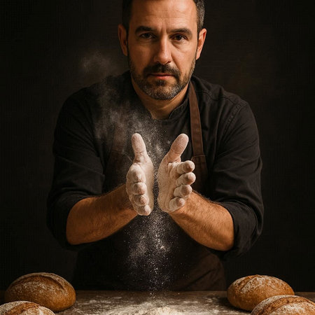 Portrait of a bearded man in a black t-shirt and apron sprinkles flour on the dough.