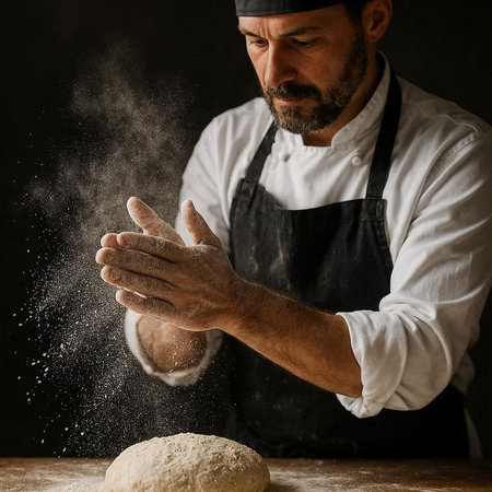 Close-up of a male baker kneading dough on a dark background
