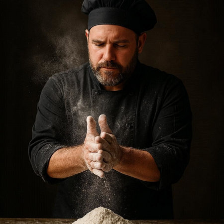 Bearded male chef in black uniform kneading dough with flour on dark backgroundの写真素材