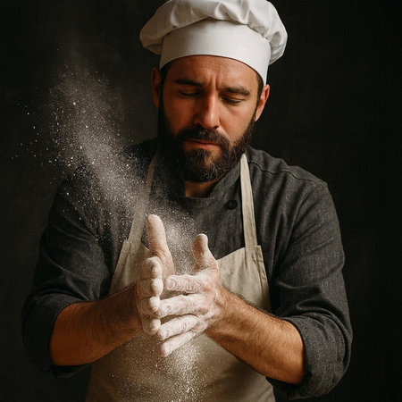 Portrait of a bearded male chef in apron and hat sprinkling flour.の写真素材