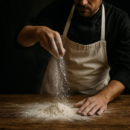 Chef sprinkling flour on a wooden table against a dark background