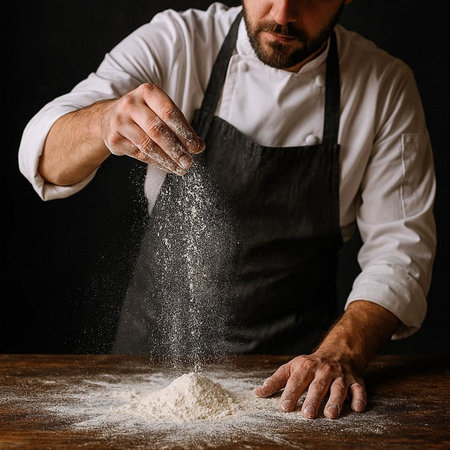 Chef sprinkling flour on wooden table over dark background, closeupの写真素材
