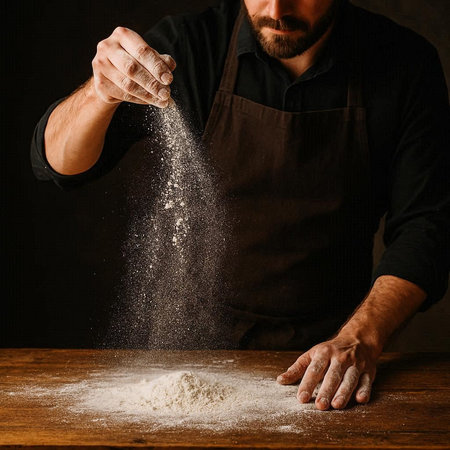 Male chef sprinkling flour on a wooden table over dark background.