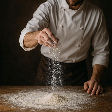 Male chef sprinkling flour on a wooden table. Dark background.
