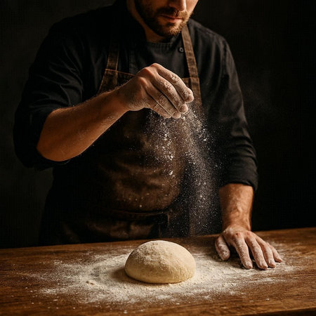 Man kneading dough on a wooden table over dark background.