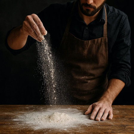 male chef sprinkles flour on a wooden table on a black background