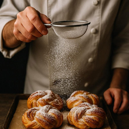 Baker sprinkling sugar powder on fresh croissants, closeupの写真素材