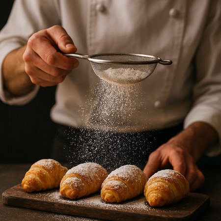 Croissants sprinkled with powdered sugar on a wooden cutting board.の写真素材